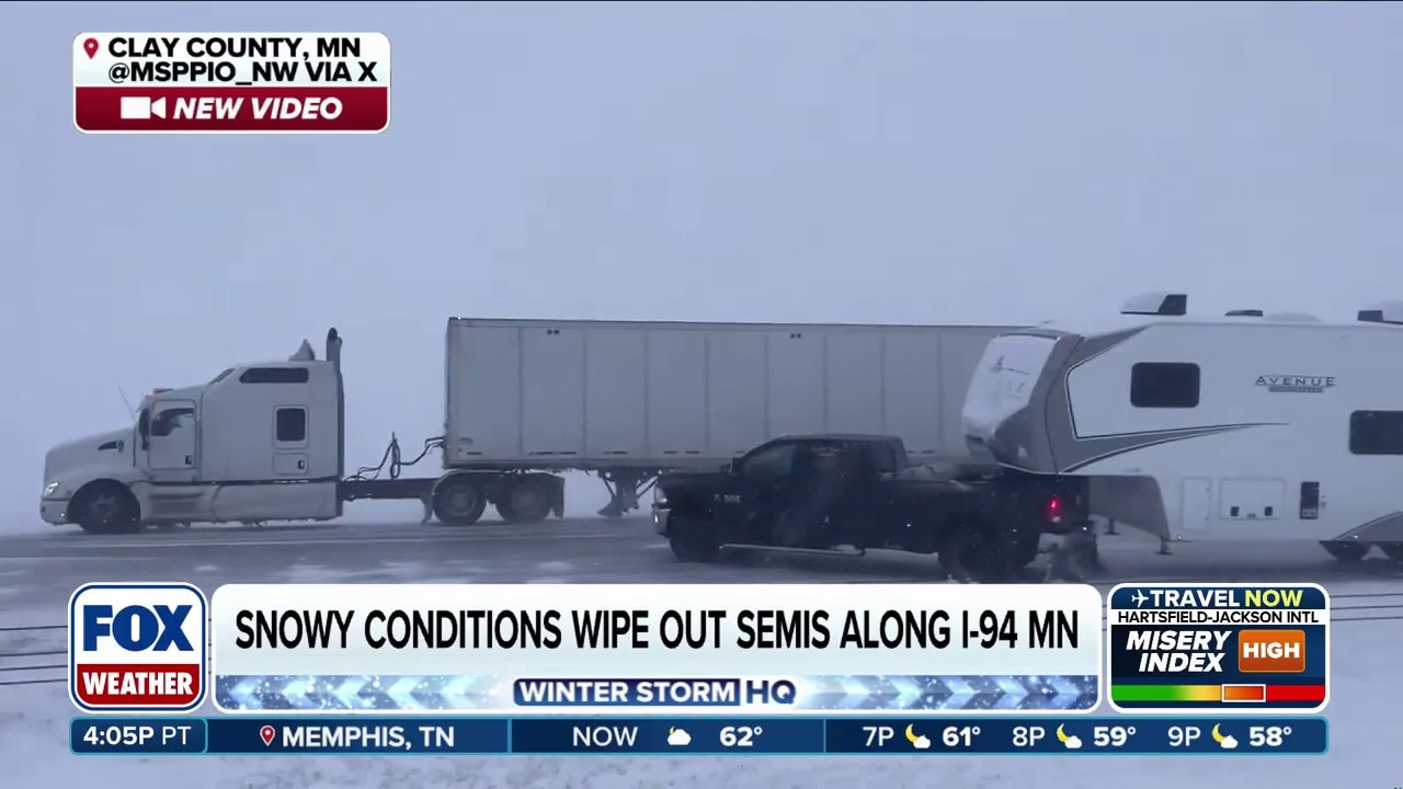 Snowy conditions wipe out semi trucks on Minnesota highway