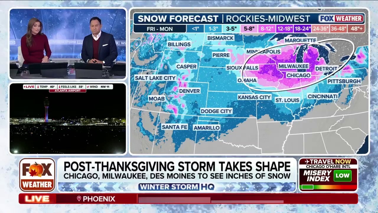 Thanksgiving travelers face double trouble as storms sweep the country today, with a post-Thanksgiving storm set to impact more than 40 states