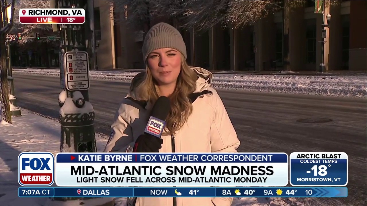 Mid-Atlantic snow causing travel concerns in Richmond, Virginia amid overnight freeze