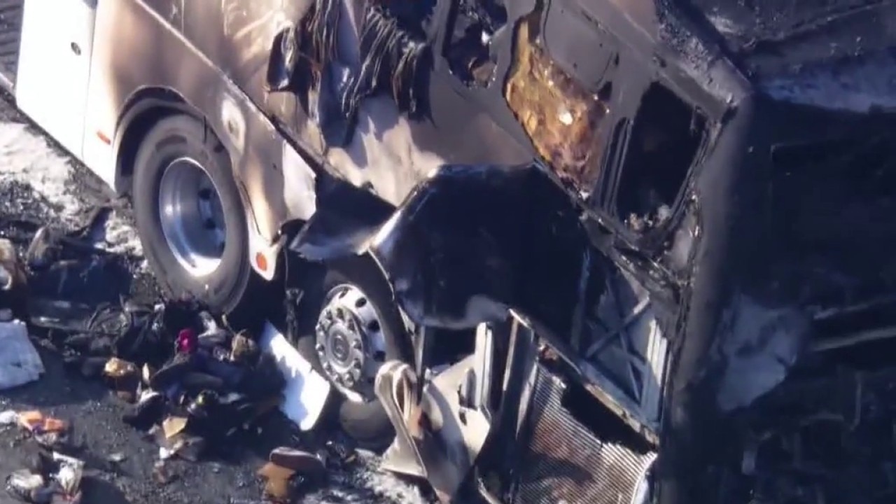 Tour bus goes up in flames on California freeway