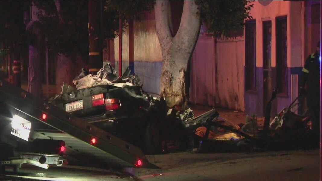 Three killed after car crashes into tree, catches fire in East LA