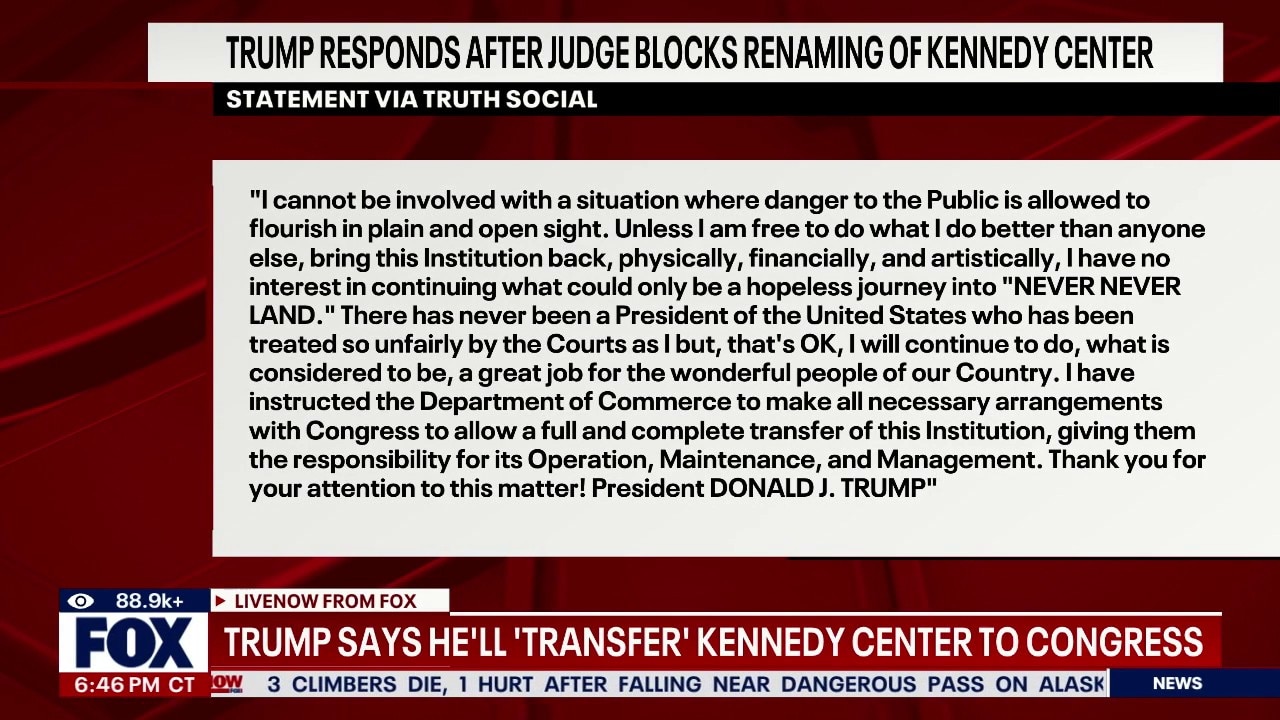 Trump responds after judge block Kennedy Center renaming