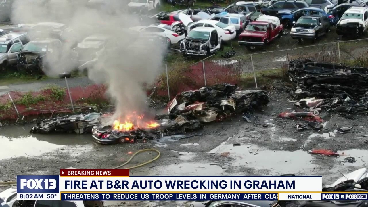 Fire at B&R Auto Wrecking in Graham, WA