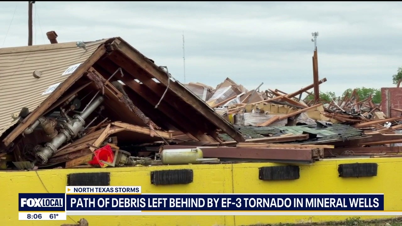 Path of debris left behind by tornado in Mineral Wells