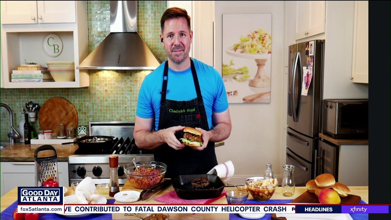 Chadwick Boyd shows a juicy burger with sweet-tart apple relish