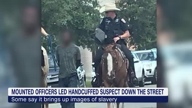 Photos show mounted officers leading handcuffed suspect with rope