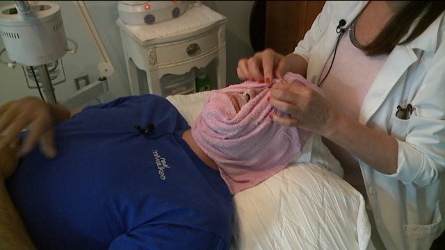 Chip gets a facial while learning about different businesses at Sola Salon Studios