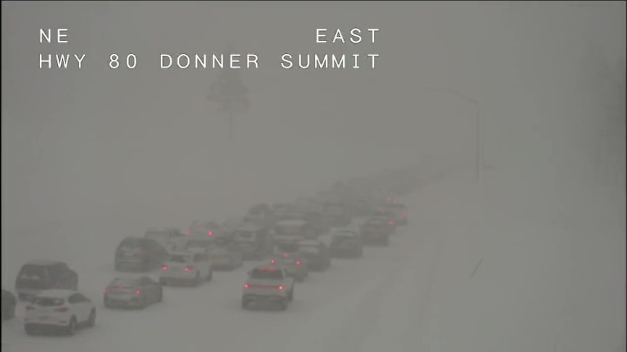 Traffic cam shows snowy standstill on I-80 near Tahoe
