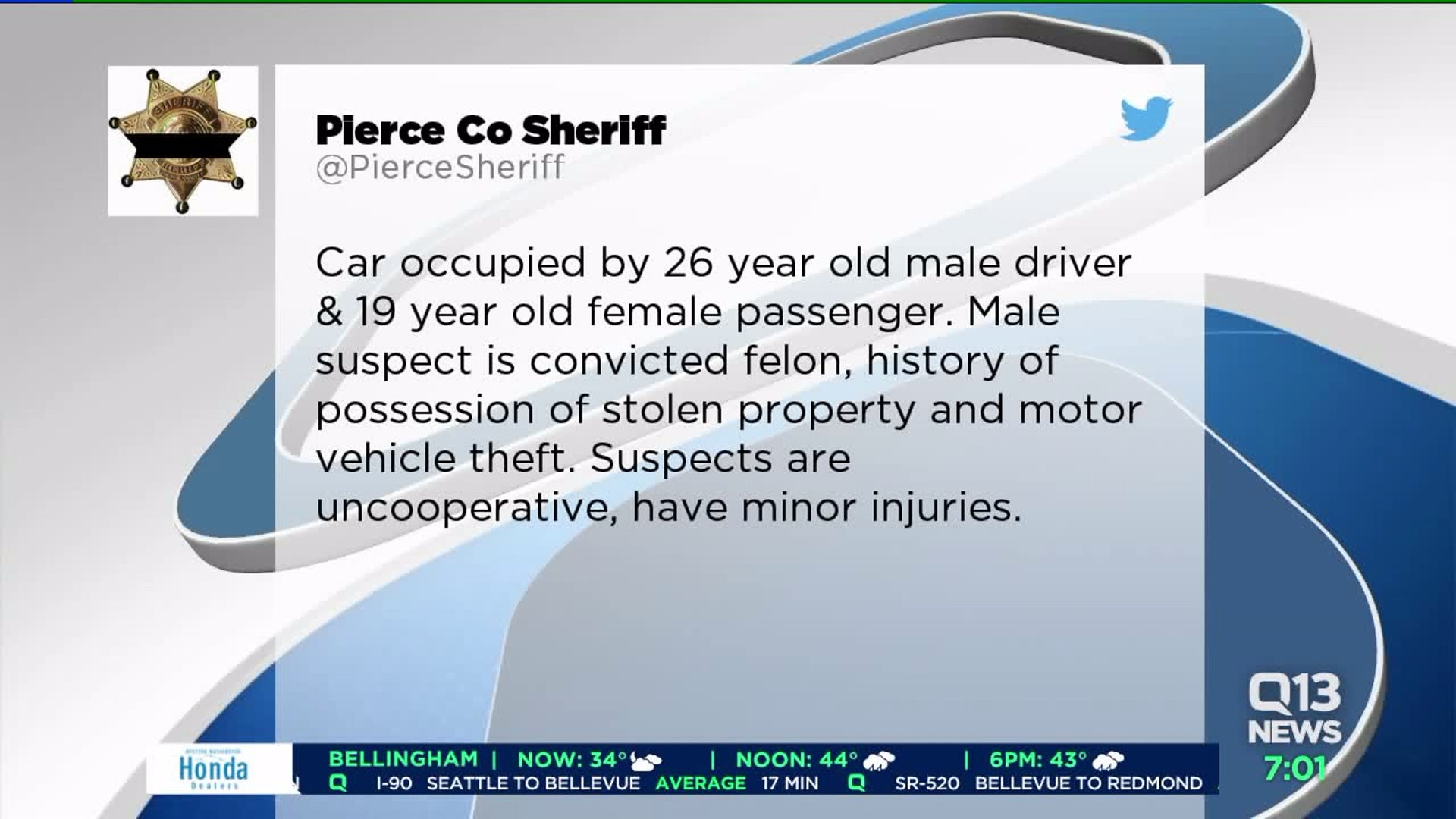 Deputy fires at stolen car after chase in Pierce County | FOX 13 Seattle