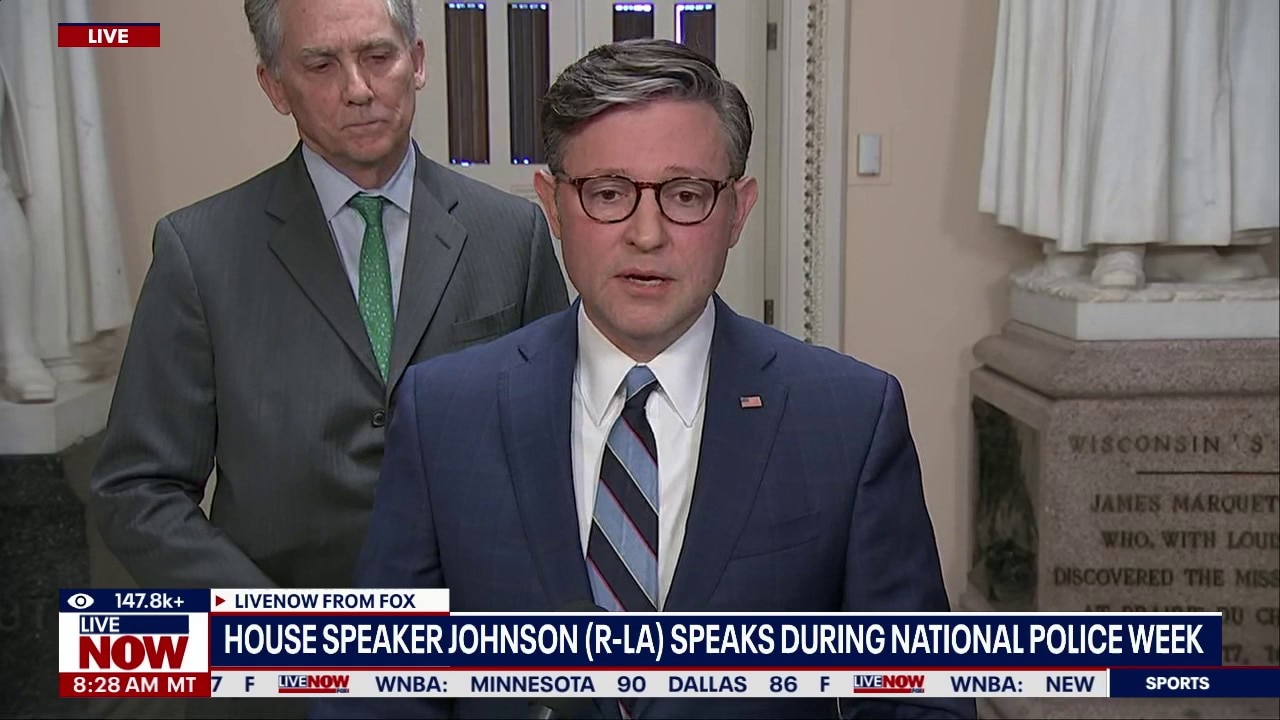 House Speaker Mike Johnson speaks to reporters