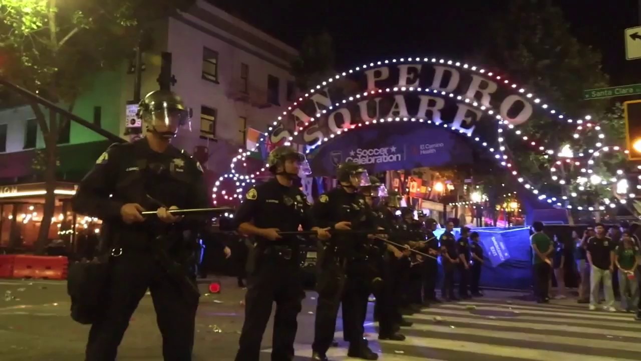 San Jose police tackle, pepper spray rowdy crowd
