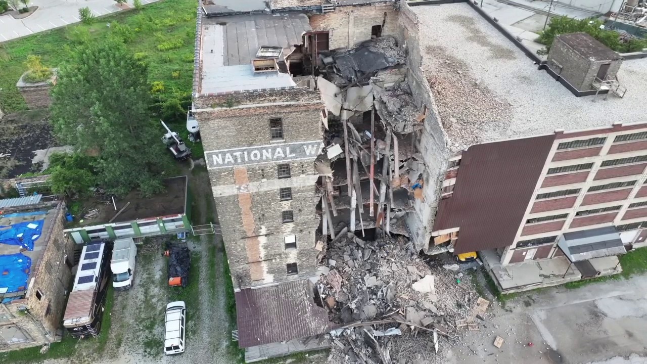 Drone video: Partial wall collapse at vacant Milwaukee industrial building