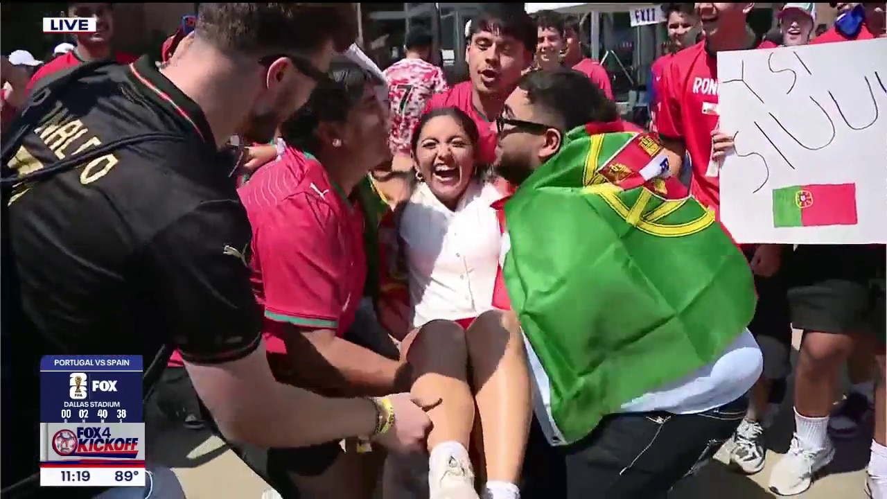 Portugal fans toss reporter into the air