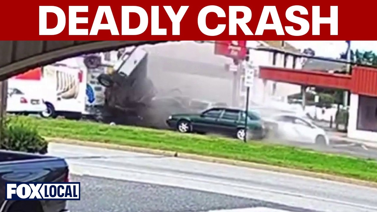 Pickup truck goes airborne, slams into U-Haul in Havertown