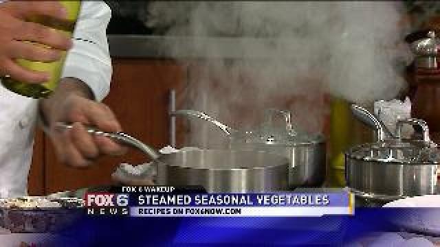 Chef Feker prepares steamed seasonal vegetables