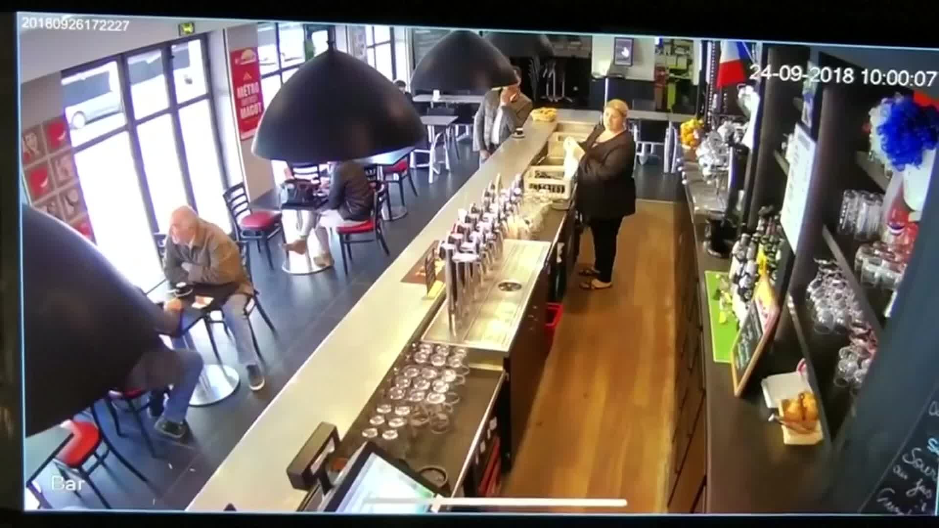 Horse runs through French cafe