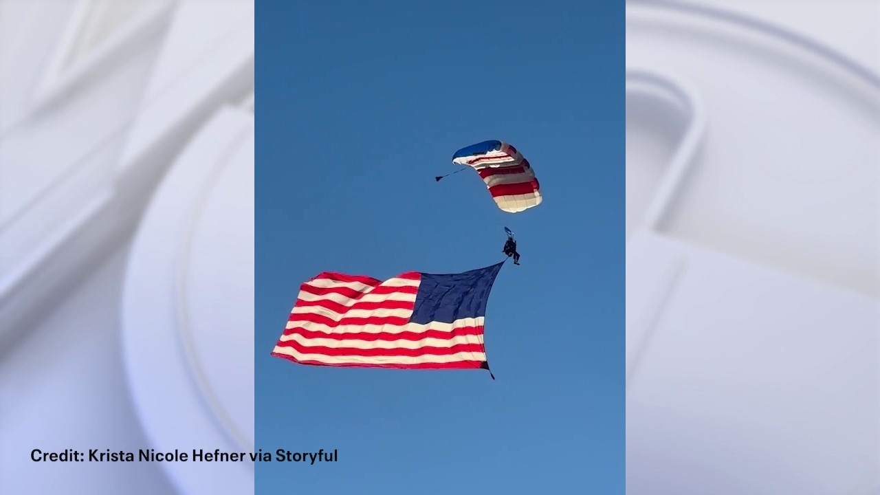 Terrifying moment star-spangled skydiver crash-lands into rodeo