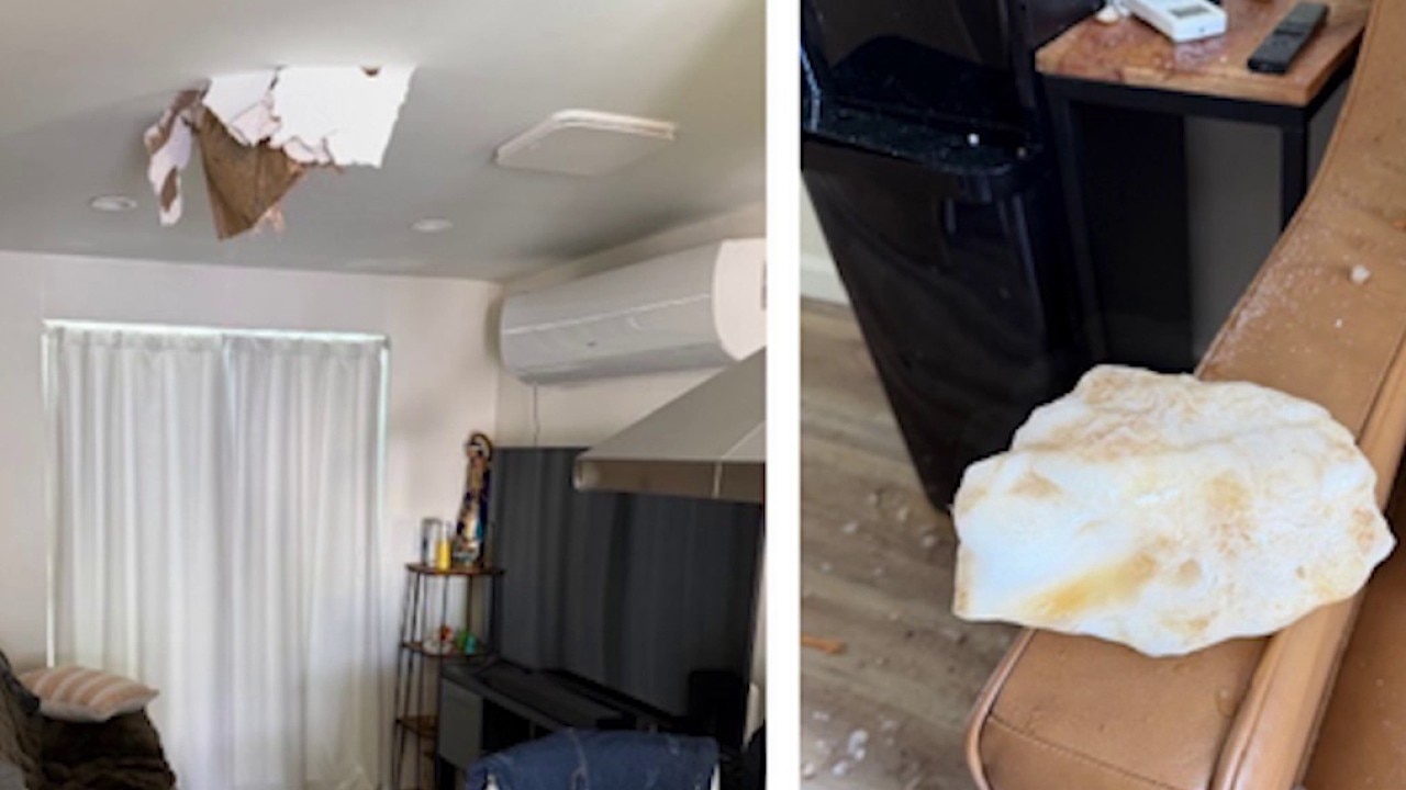 Ice block crashes through roof