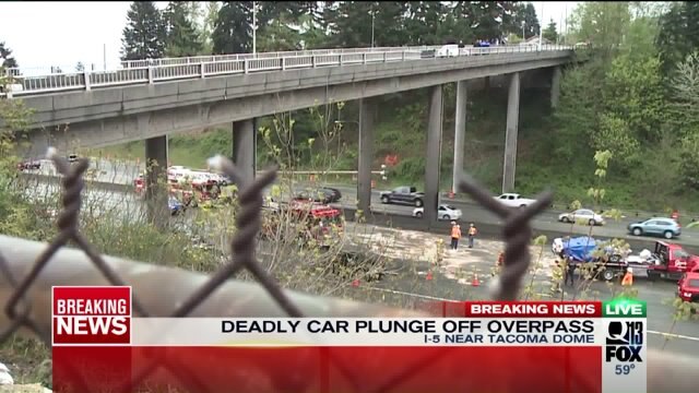 1 dead after car plunges off overpass onto I-5 in Tacoma