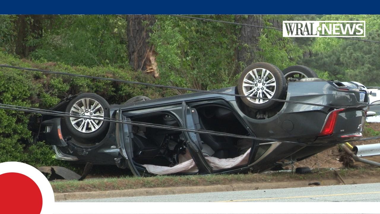 Car crash pulls down power lines on Atlantic Avenue in Raleigh