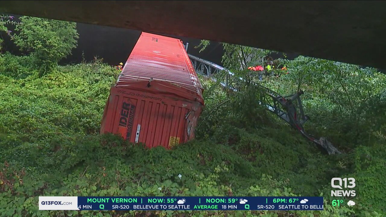 Overturned semi closes southbound express lanes on Interstate 5