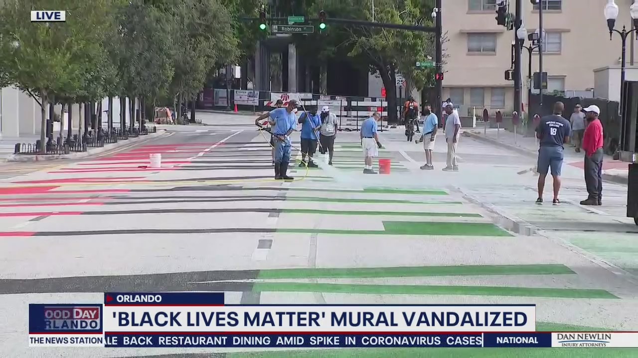 Crews clean up graffiti on BLM mural in Downtown Orlando