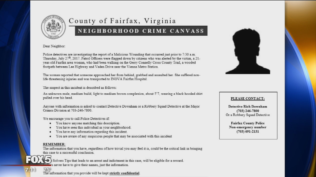 Police canvass Fairfax neighborhood after woman stabbed on path