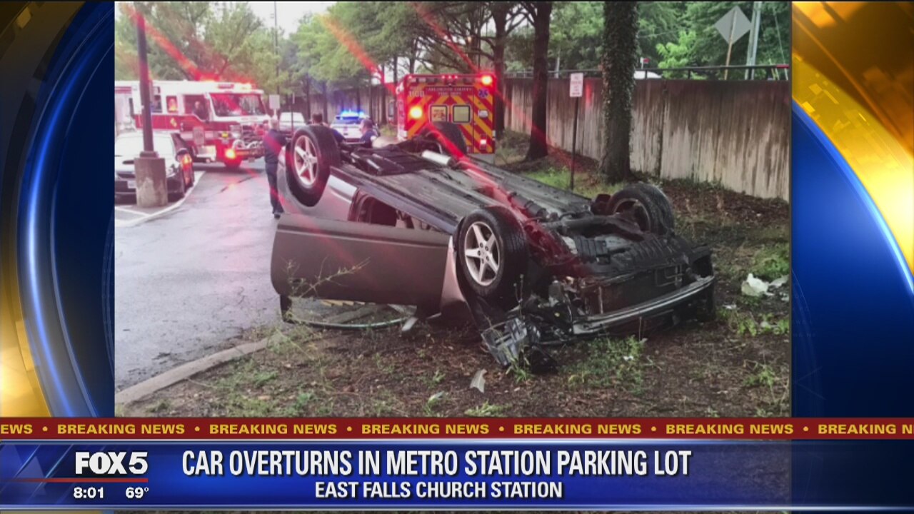 Driver injured after car overturns in Metro station parking lot