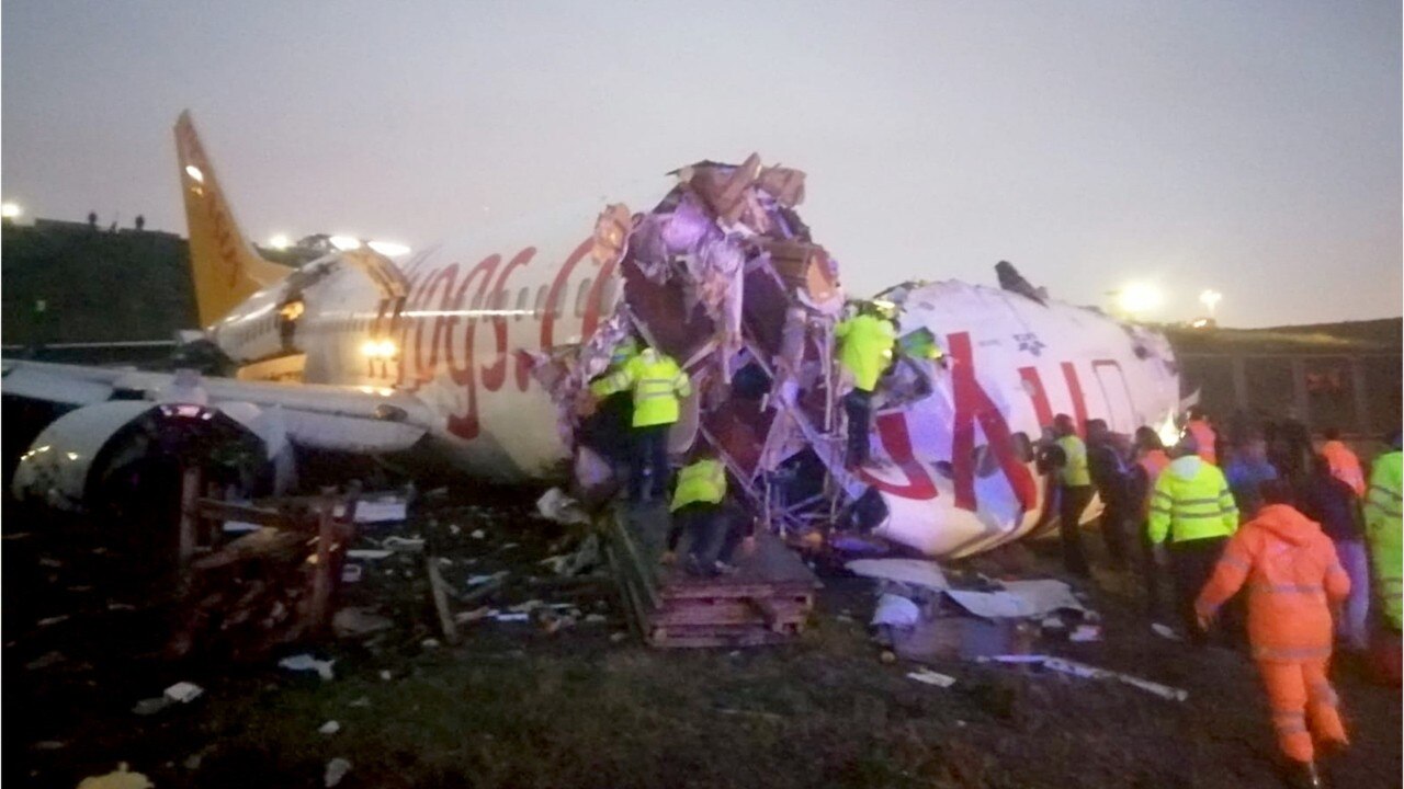 Watch the aftermath of a plane in turkey that skidded off the runway breaking into pieces