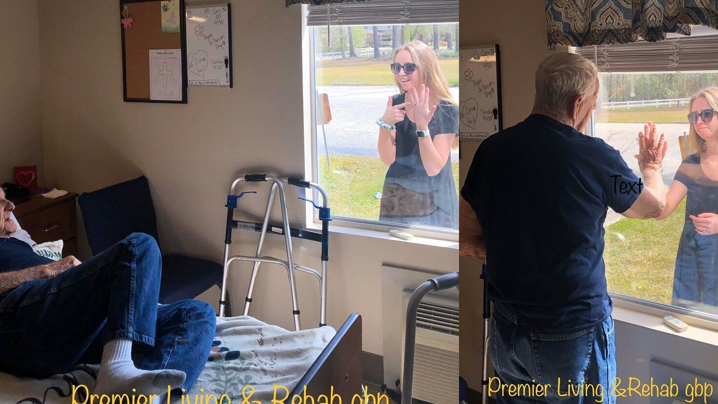 Woman shares engagement news with grandfather through window