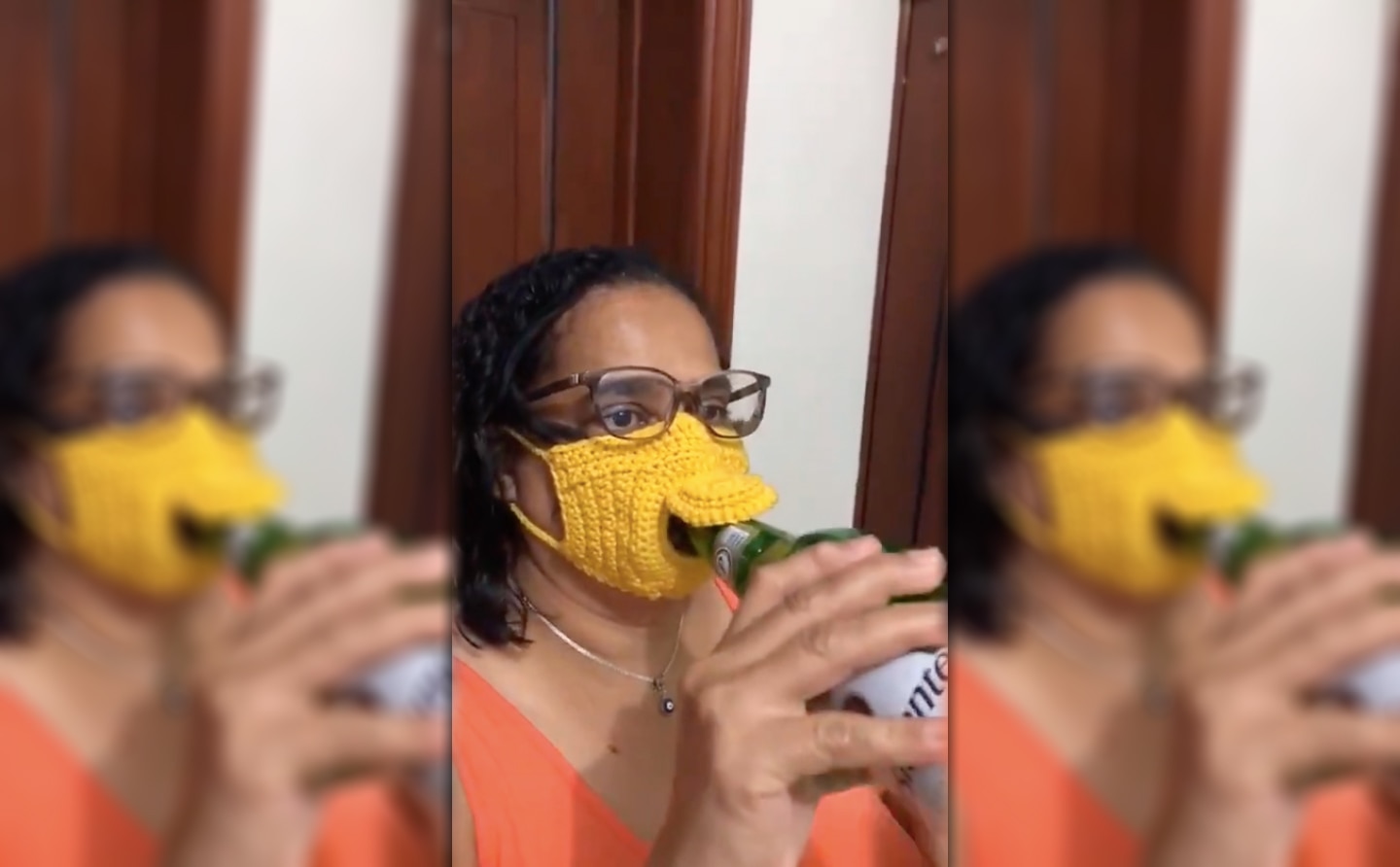 Woman crochets beer-friendly face mask
