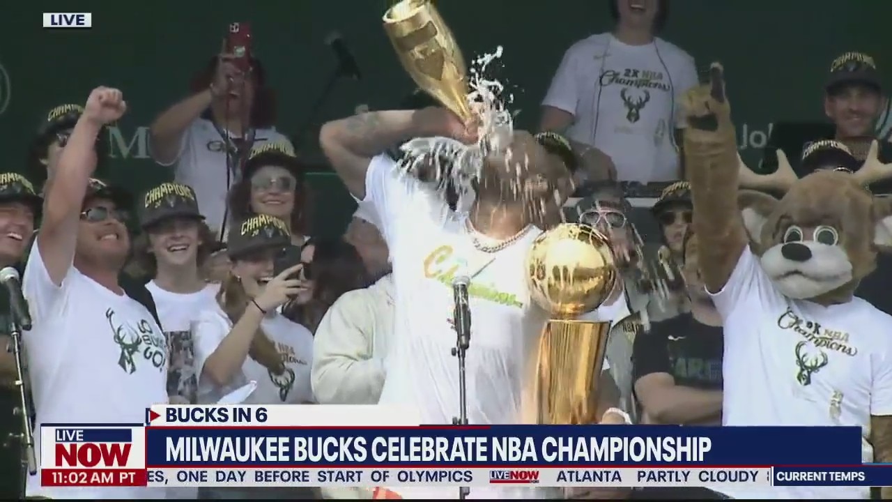 Milwaukee Bucks PJ Tucker celebrates NBA title with magnum of champagne I LiveNOW from FOX