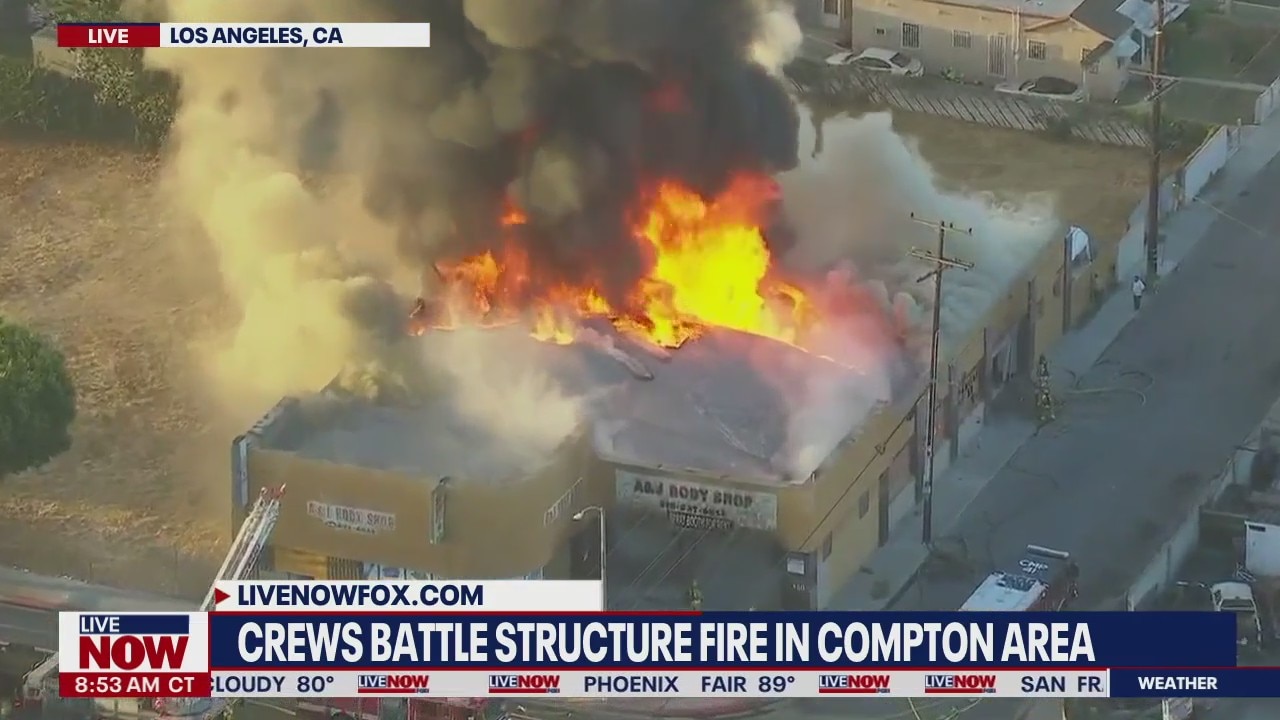 Massive blaze at Compton auto body shop | LiveNOW from FOX