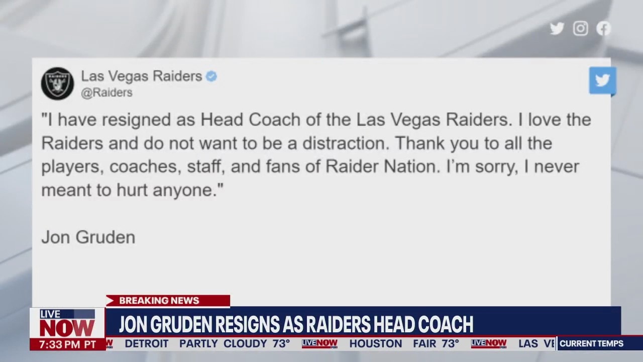 Jon Gruden resigns as Las Vegas Raiders head coach