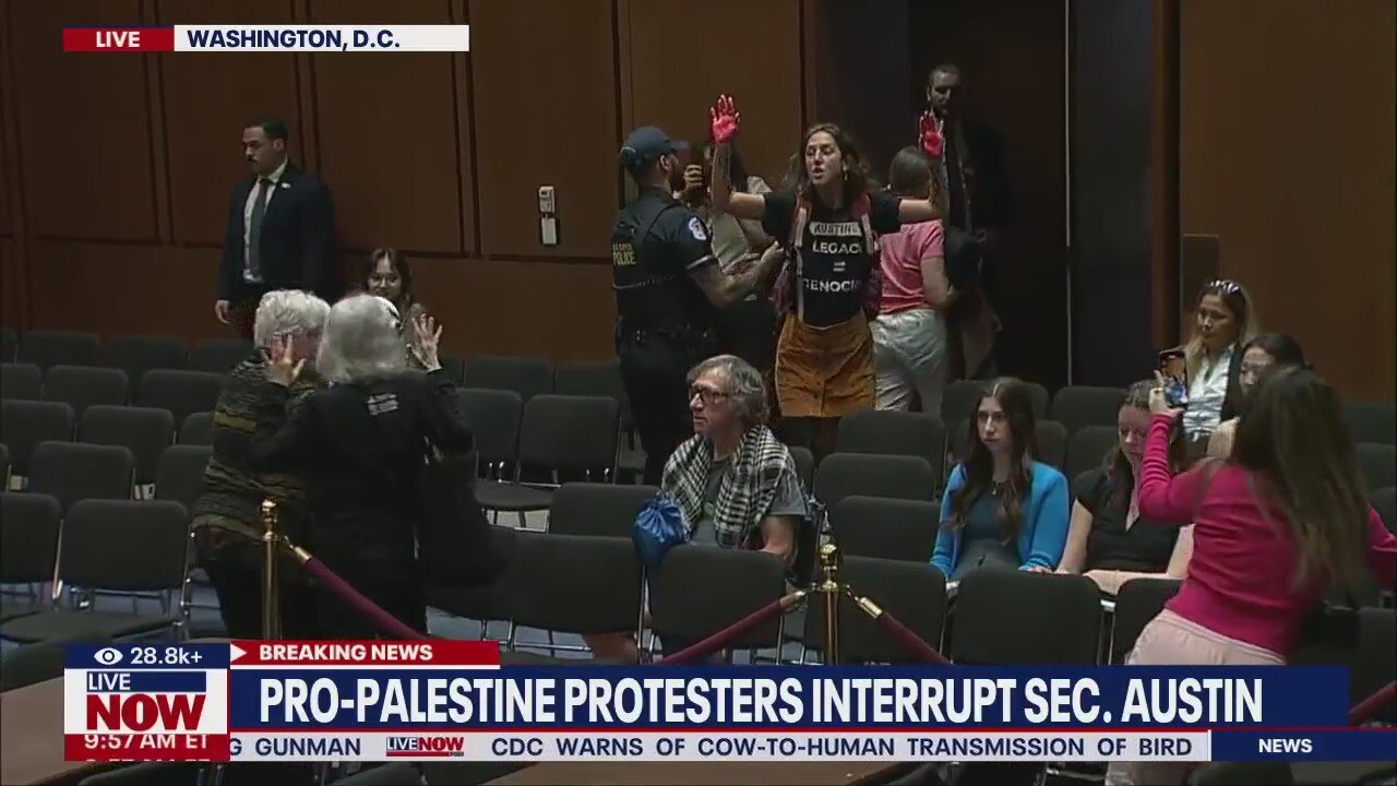 Pro-Palestine protesters interrupt Austin hearing