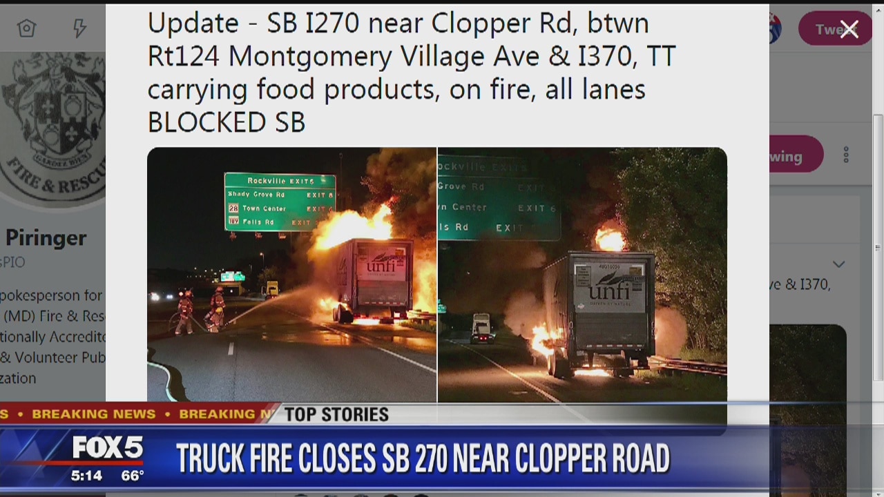Tractor-trailer fire causes delays on Interstate 270 in Montgomery County
