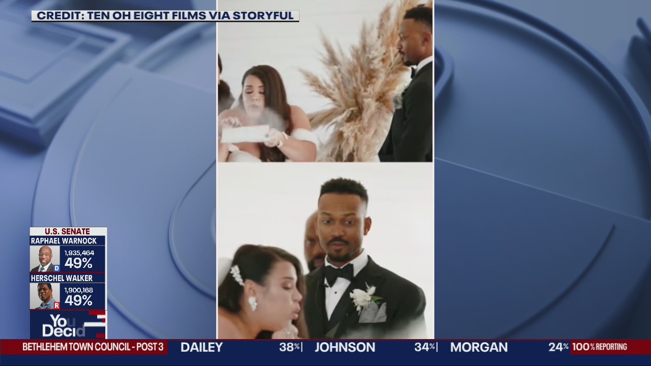 Bride jokingly blows dust off vows during wedding ceremony