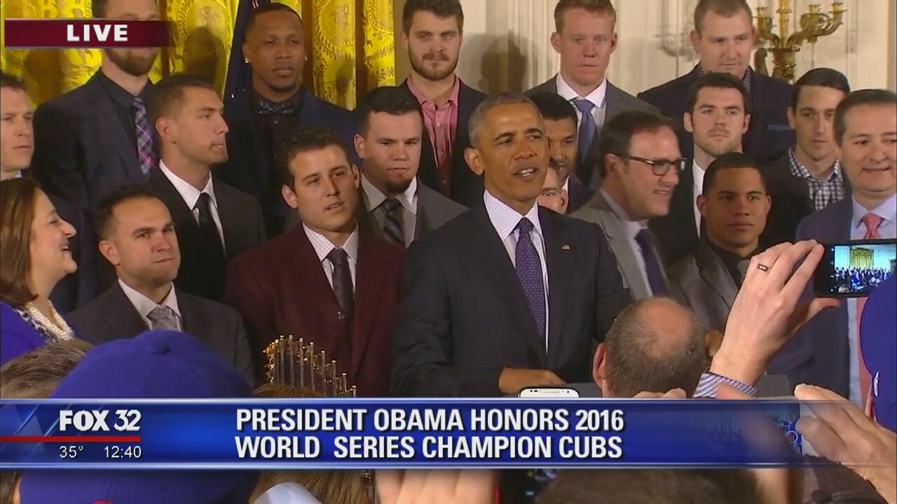 President Obama cracks a few one-liners on World Champion Chicago Cubs