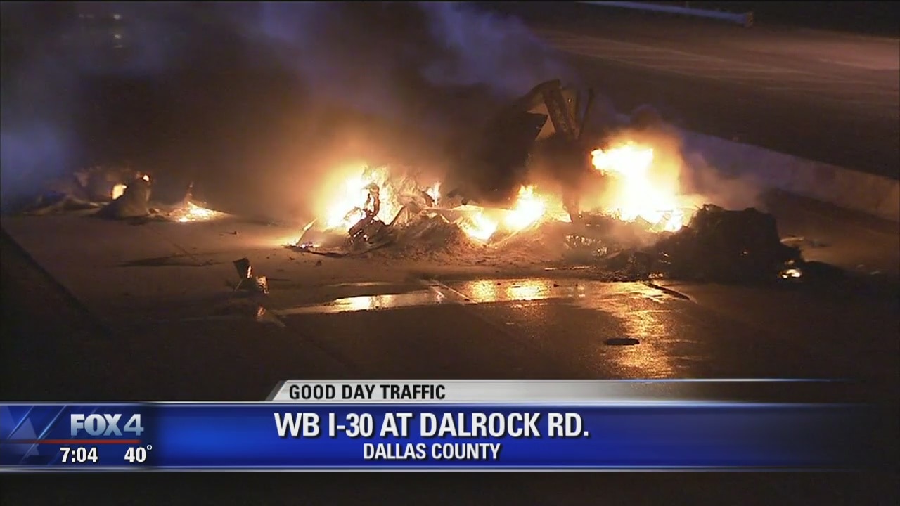 Part of I-30 shutdown after fiery crash