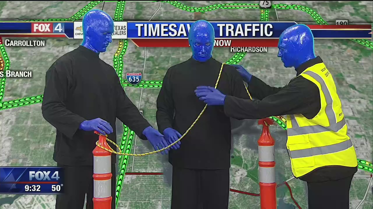 Blue Man Group takes over Chip Waggoner's traffic report