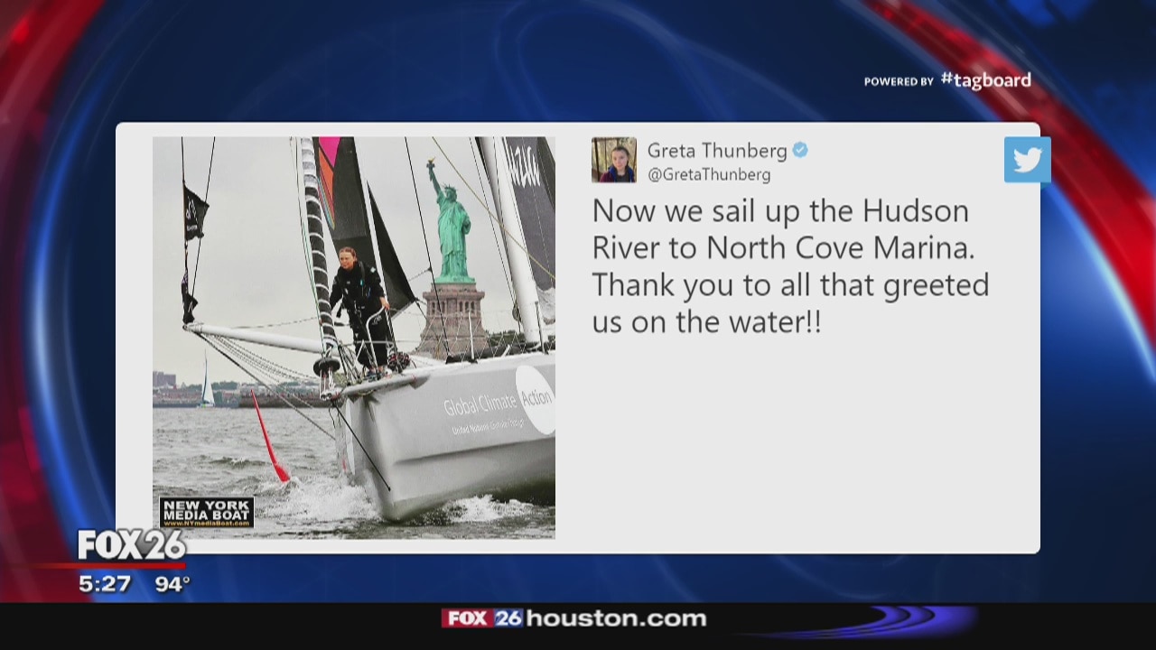 Teenage climate activist from Sweden arrives in New York after sailing across Atlantic with zero carbon emissions