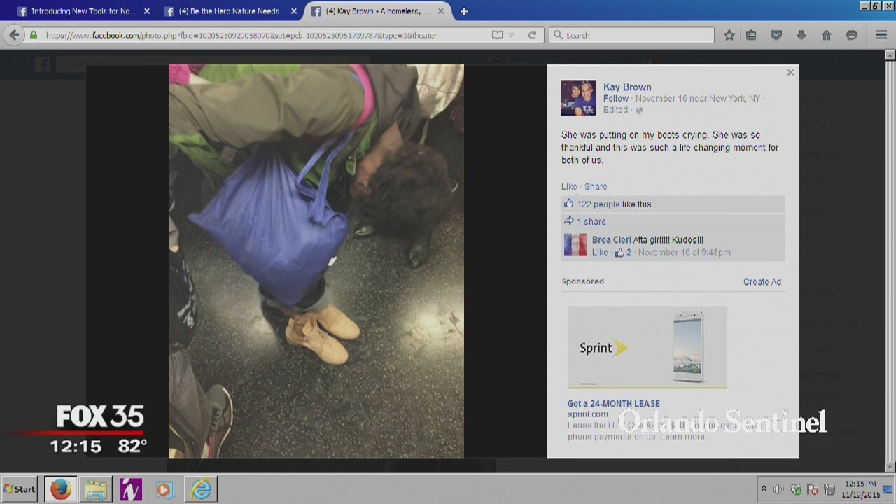 Woman gives homeless woman shoes on subway