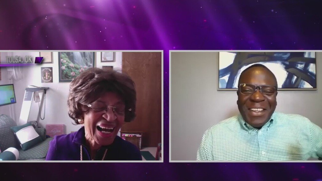 Woman dresses to the nines for Zoom church