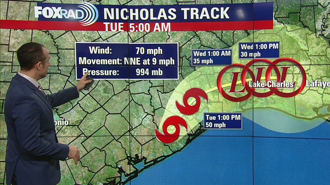 Nicholas, a strong tropical storm, moves across southeast Texas