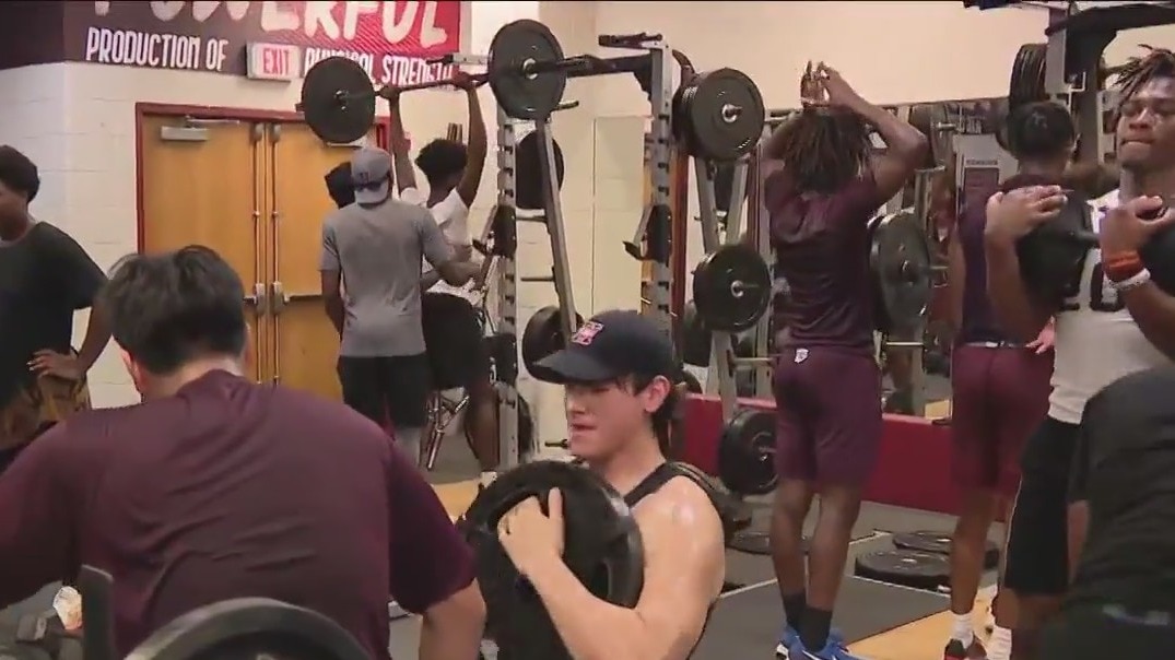 Summer football workouts at Heights High School
