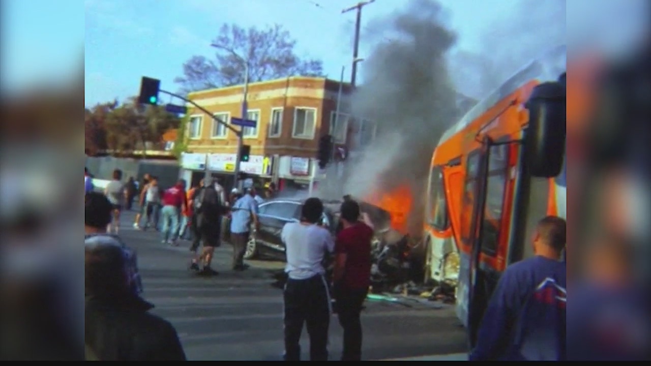 7 injured in fiery collision between car, MTA bus