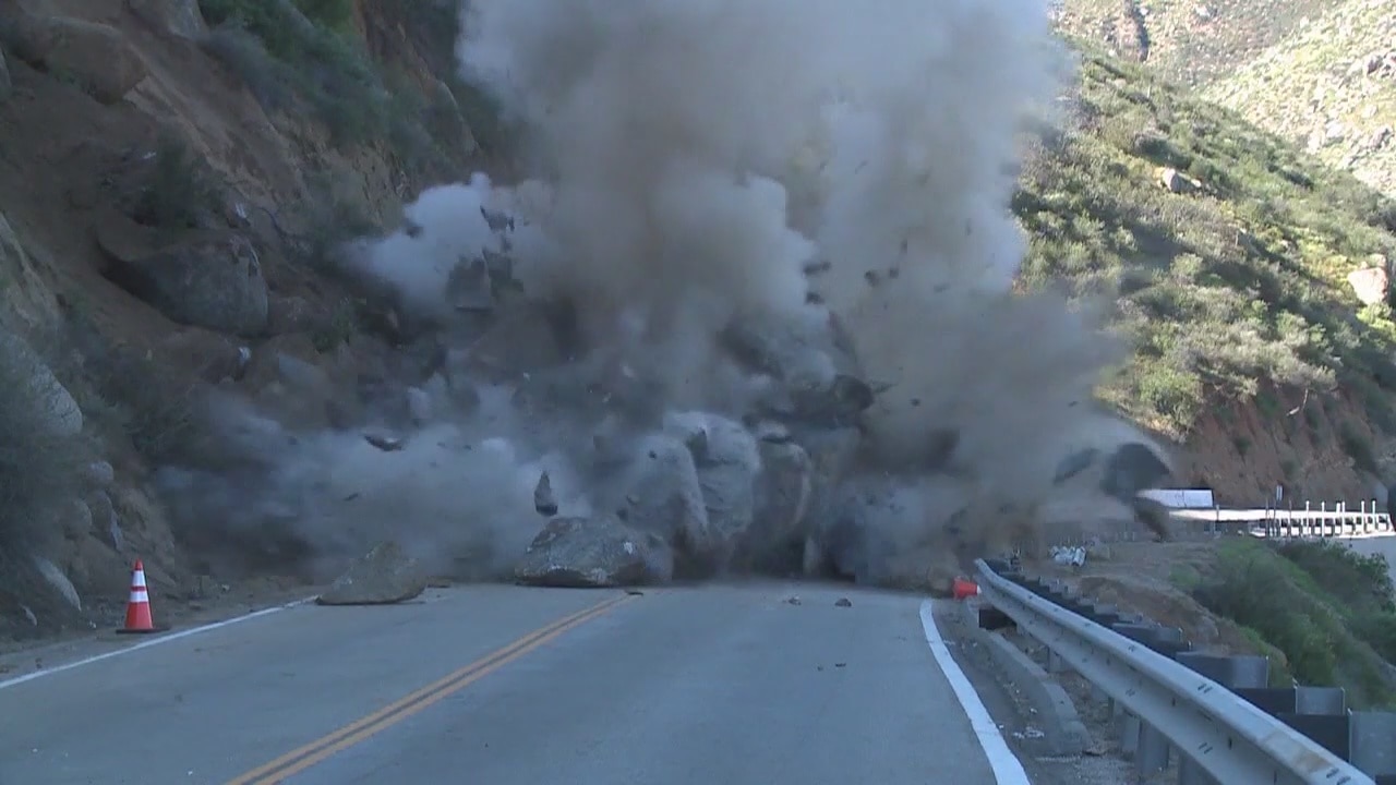 VIDEO: Boulder along highway blown up by road crew