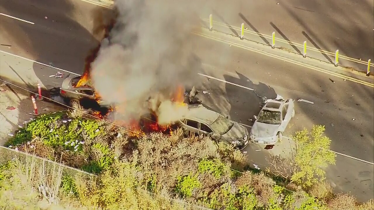 Car crashes, bursts into flames at end of pursuit on PCH