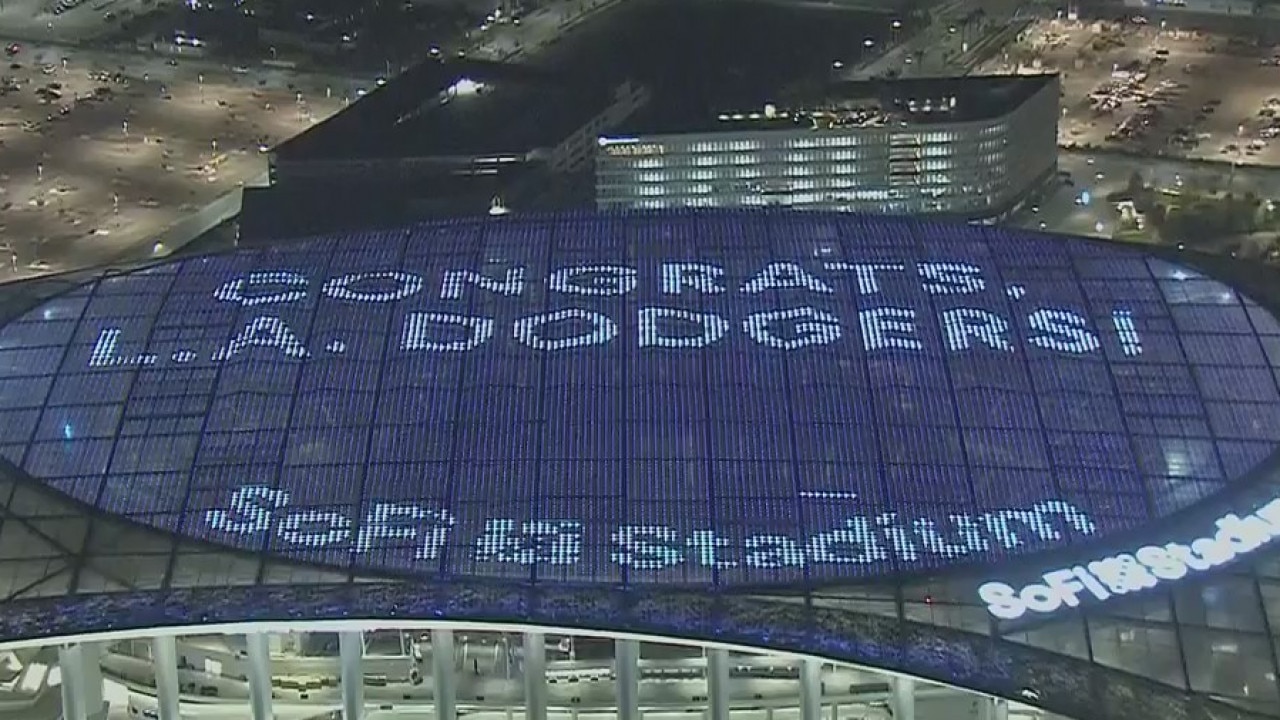 SkyFOX over SoFi Stadium to celebrate Dodgers World Series win
