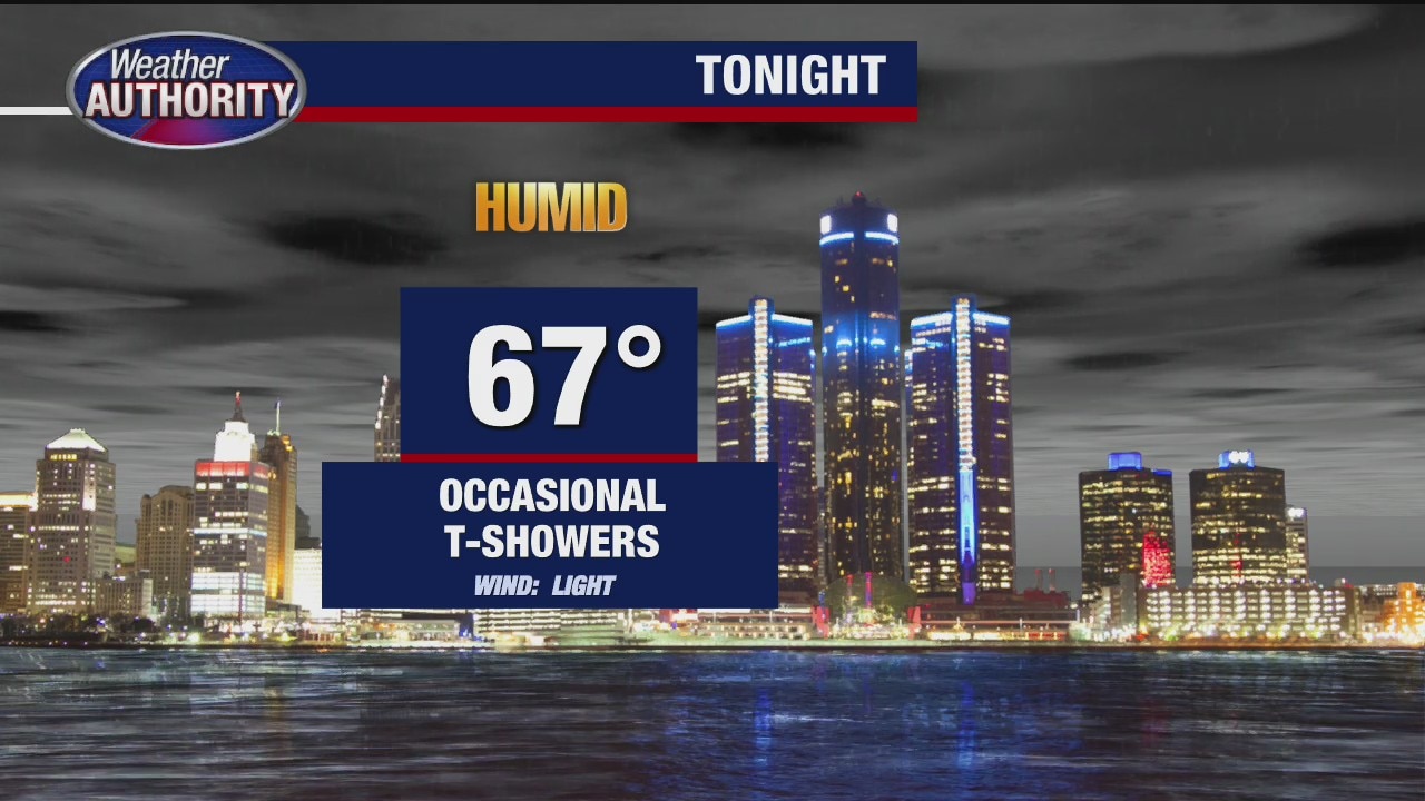 Spotty thunderstorms persist overnight into Monday